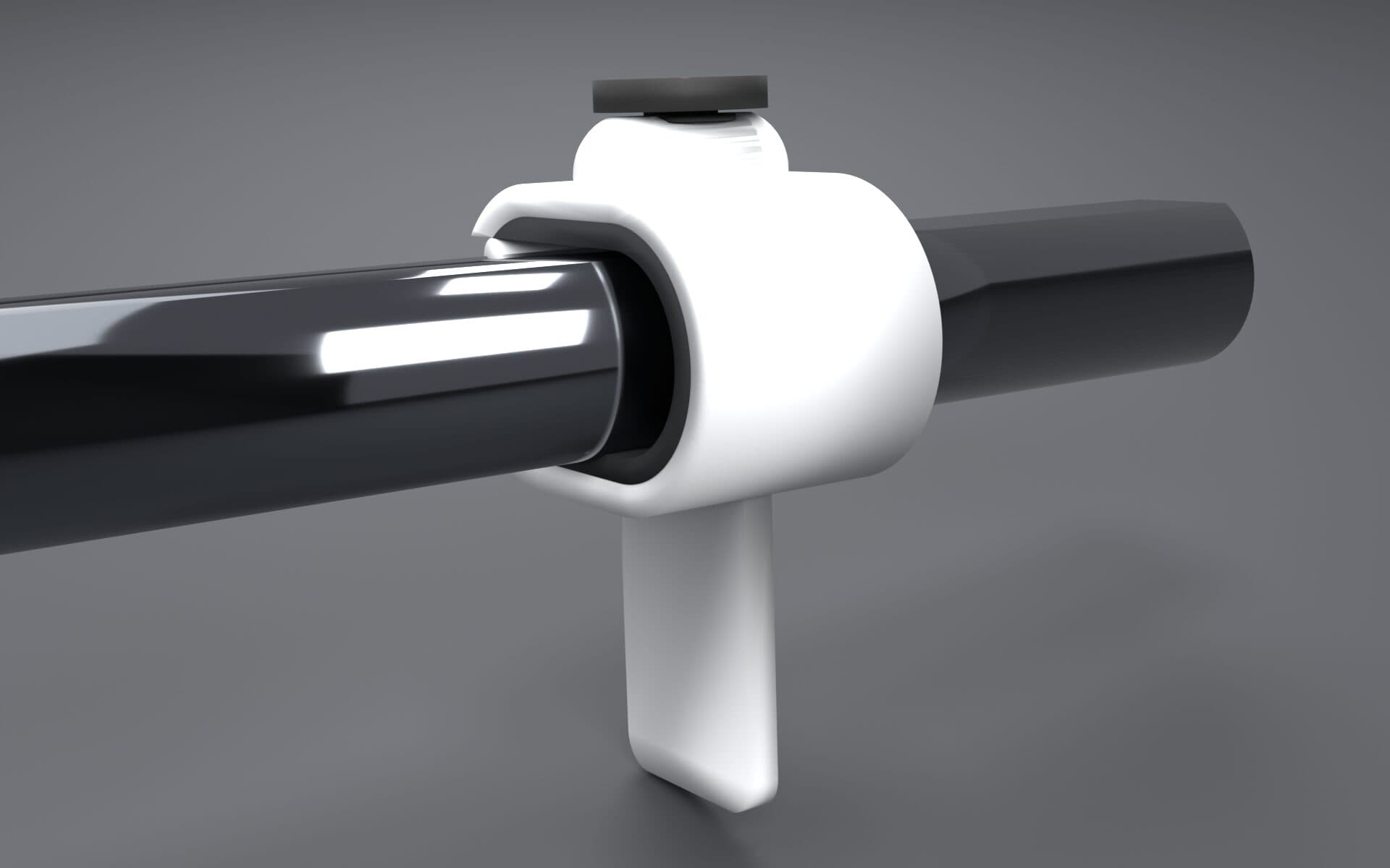 Close-up render of The Hang Clip attached to a wardrobe rail